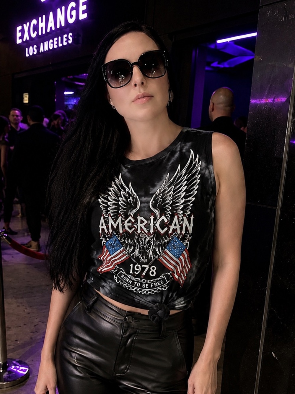 Rebel Sugar Black Tie-Dye Eagle Graphic Tie-Front Tank